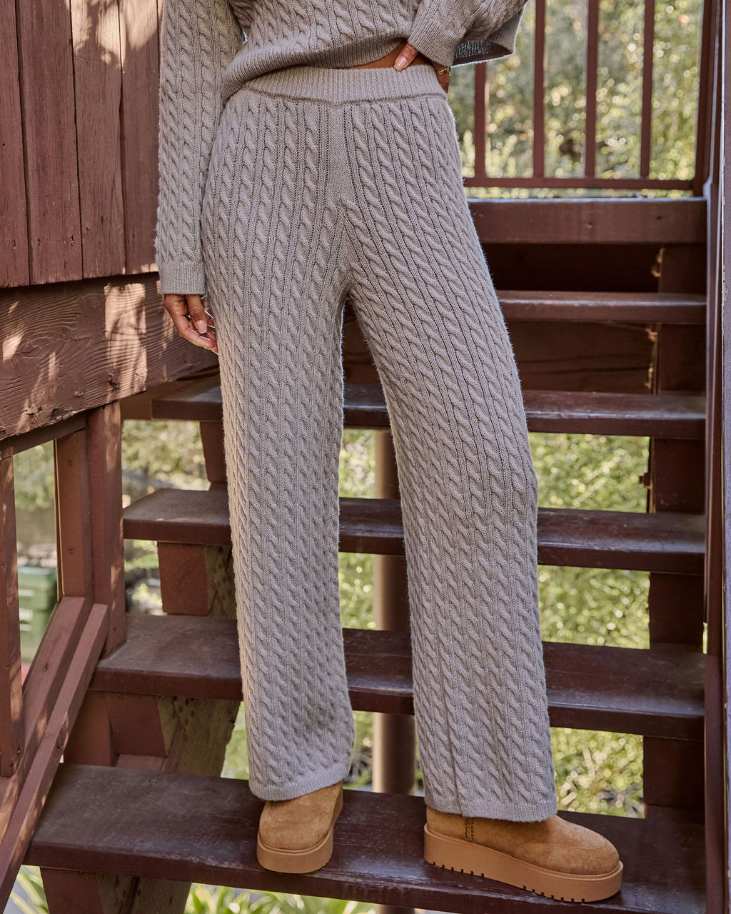 Stretchy Cable Knit Pull-On Pants with Relaxed Straight Leg