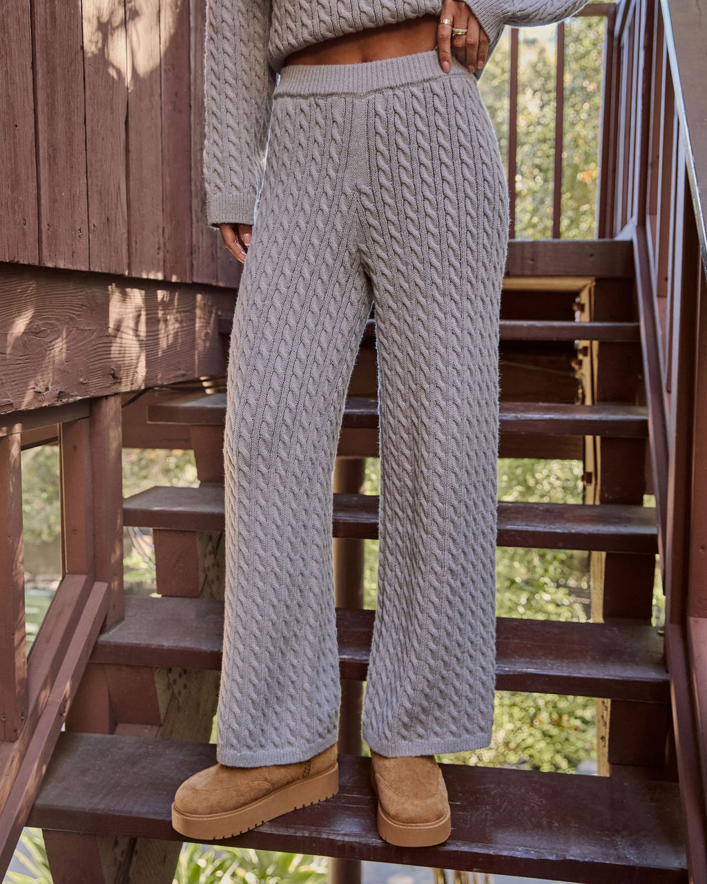 Stretchy Cable Knit Pull-On Pants with Relaxed Straight Leg