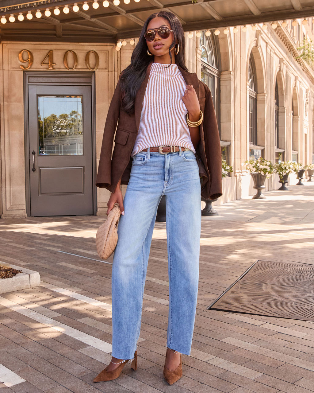 Mock Neck Sweater with Cap Sleeves and Vertical Pinstripe, Stretch Knit Blend