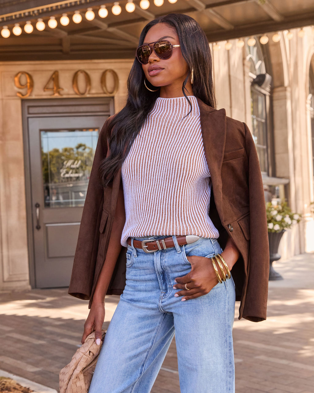 Mock Neck Sweater with Cap Sleeves and Vertical Pinstripe, Stretch Knit Blend