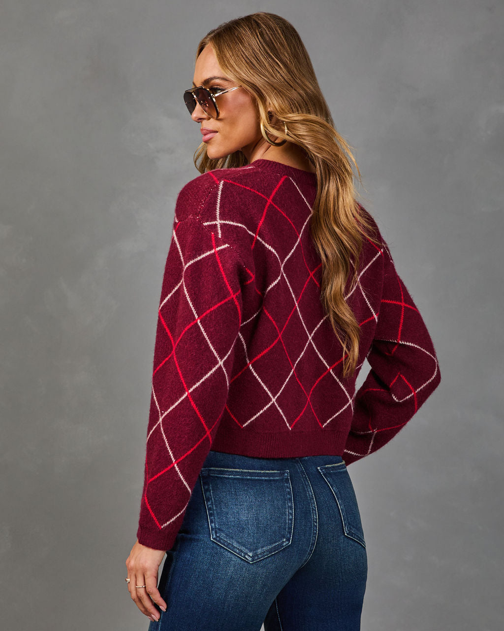 Argyle Pattern Cardigan with Stretch Knit and Ribbed Trim