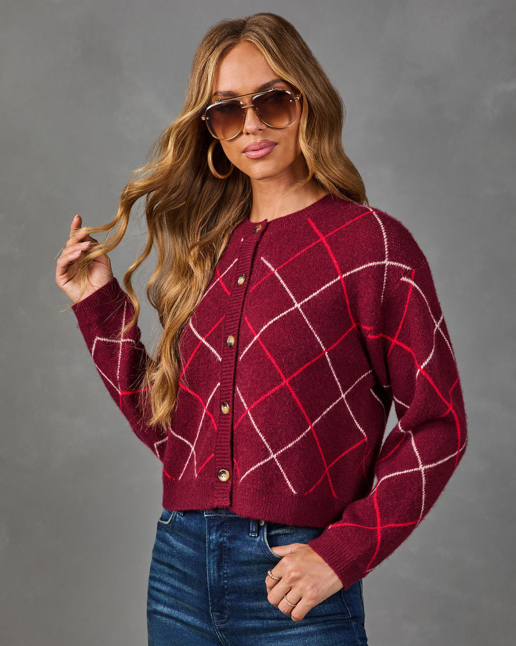 Argyle Pattern Cardigan with Stretch Knit and Ribbed Trim