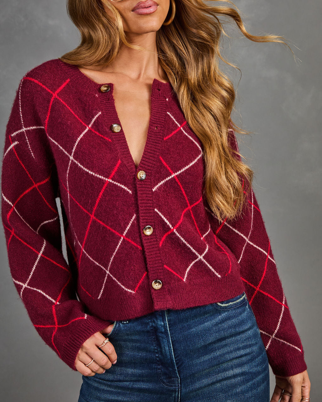 Argyle Pattern Cardigan with Stretch Knit and Ribbed Trim