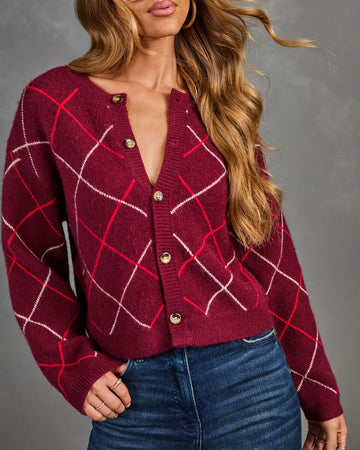 Argyle Pattern Cardigan with Stretch Knit and Ribbed Trim