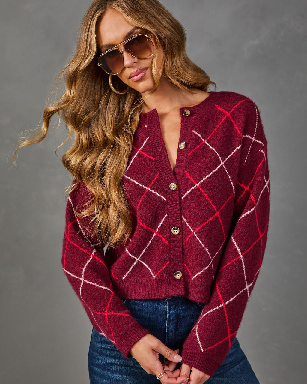 Argyle Pattern Cardigan with Stretch Knit and Ribbed Trim