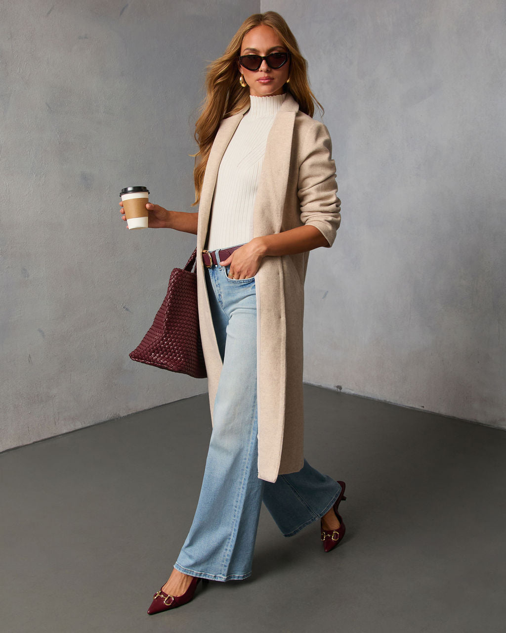 Button Front Knit Coat with Notched Collar and Interior Lining, Hip Length
