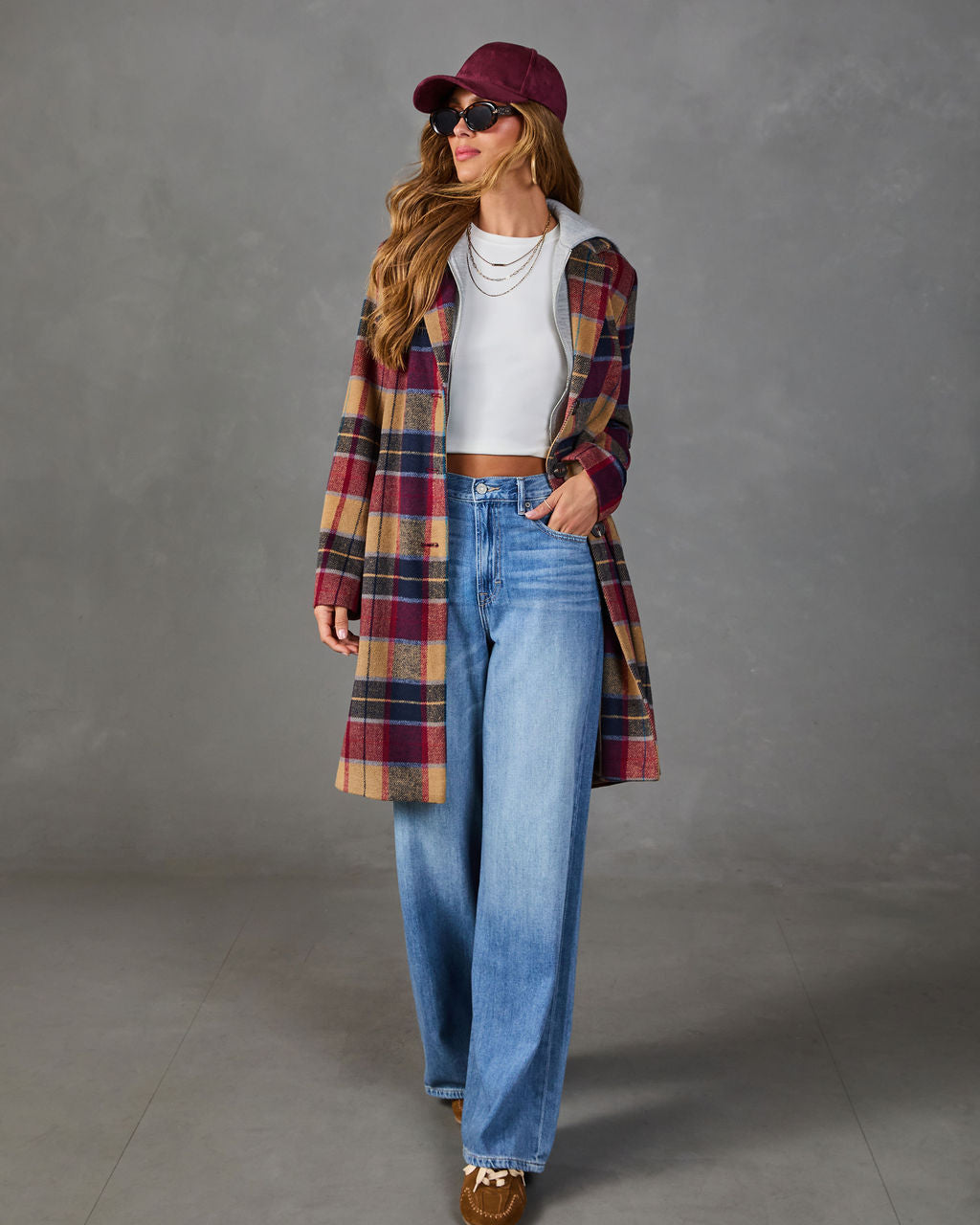 Plaid Coat with Attached Hood and Inner Zipper Hoodie, Wool Blend