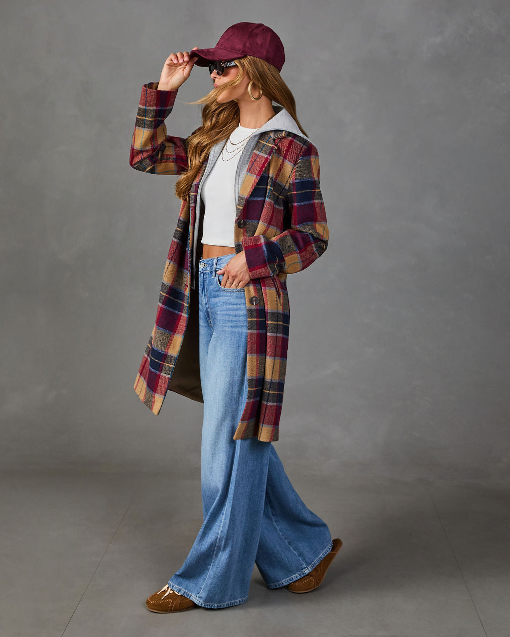 Plaid Coat with Attached Hood and Inner Zipper Hoodie, Wool Blend