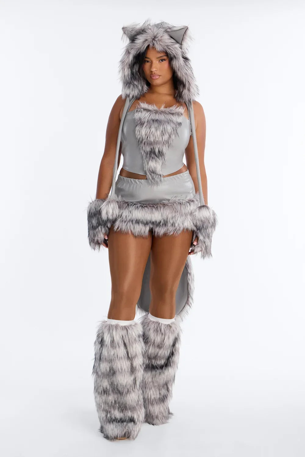 Faux Fur Costume Set with Corset, Hood, Gloves and Legwarmers for Winter Parties