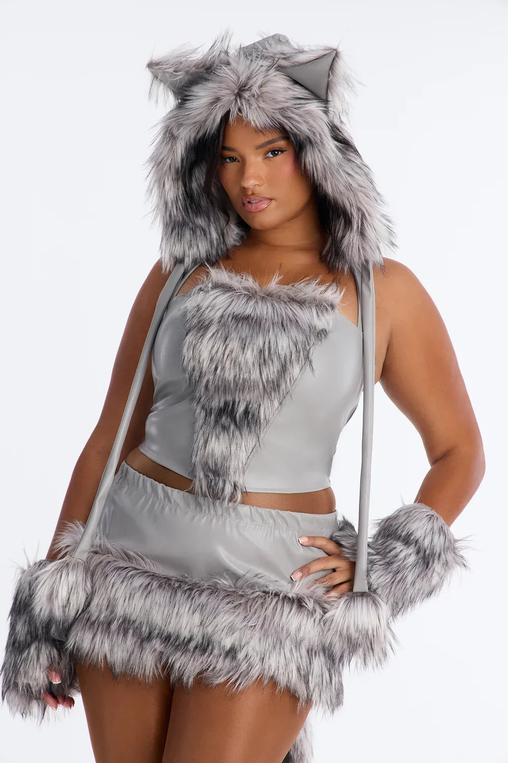 Faux Fur Costume Set with Corset, Hood, Gloves and Legwarmers for Winter Parties