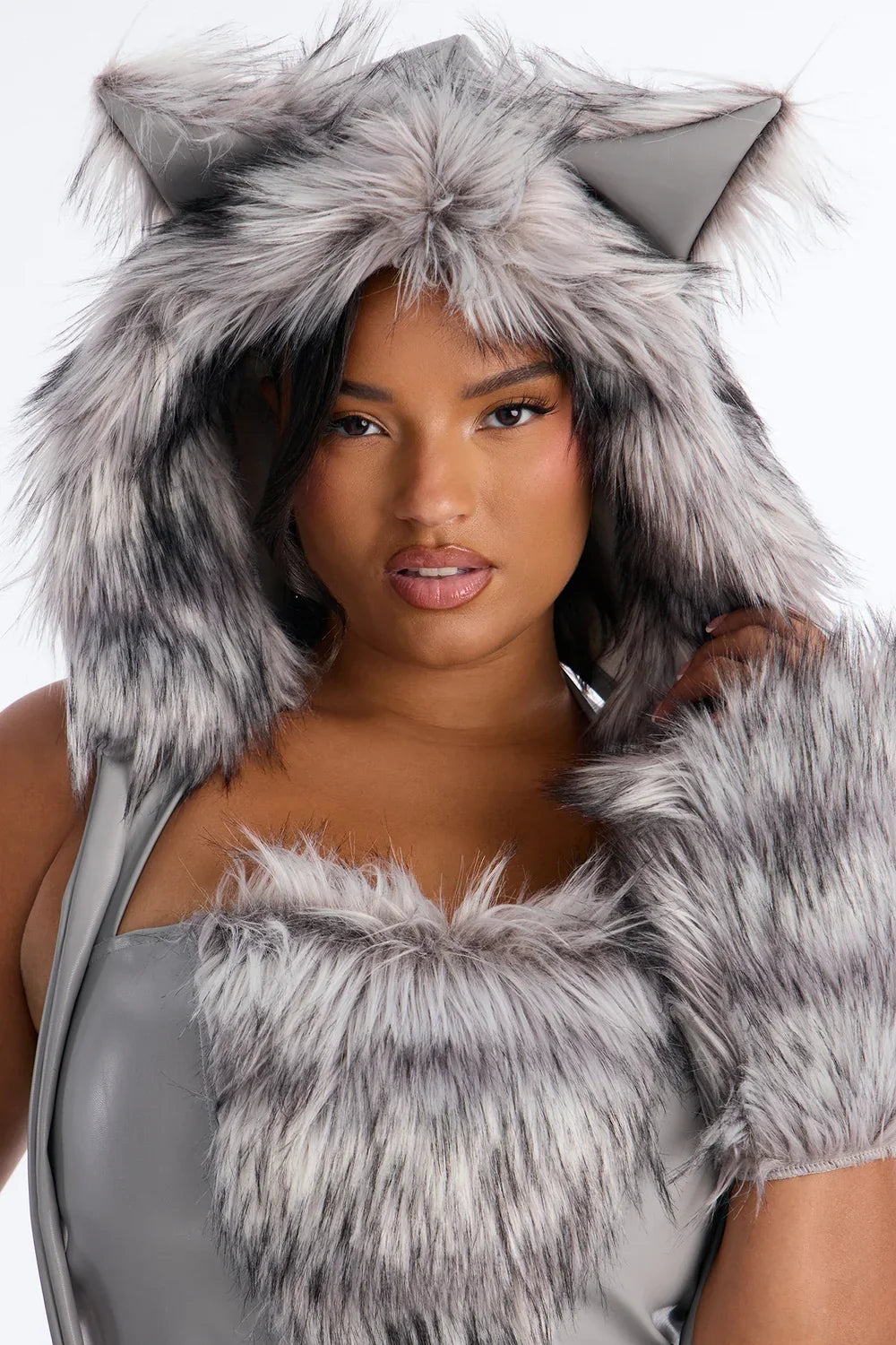 Faux Fur Costume Set with Corset, Hood, Gloves and Legwarmers for Winter Parties