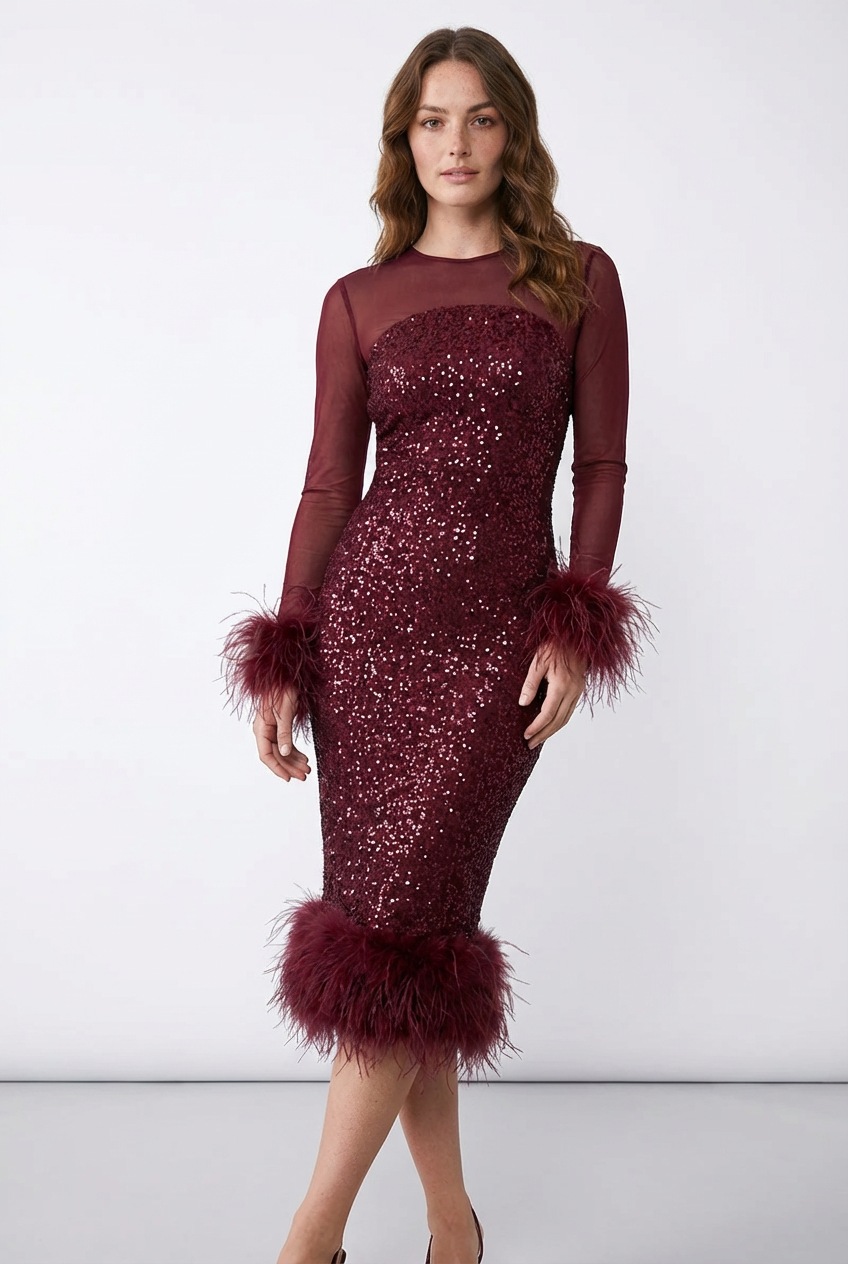 Women's Sequin Midi Dress - Sheer Mesh Long Sleeve - Feather Trim