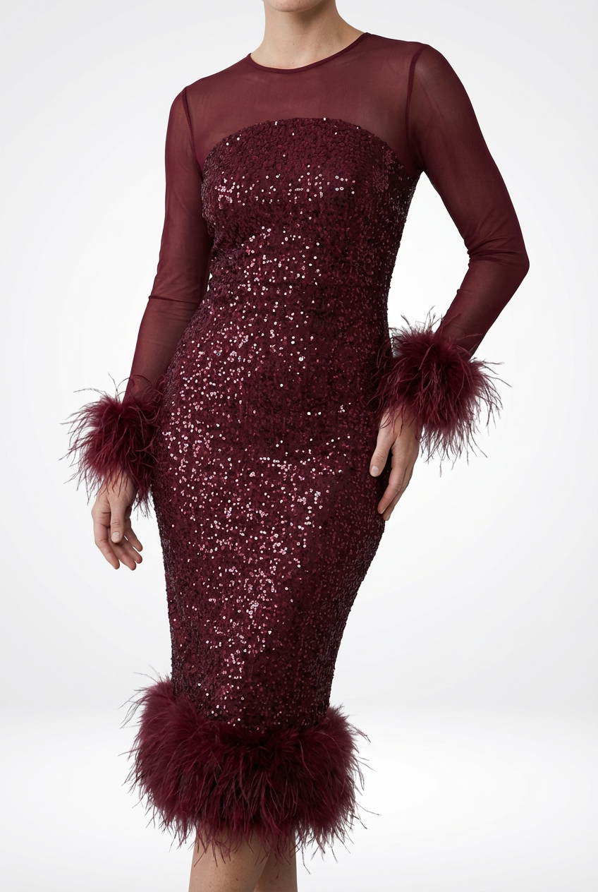 Women's Sequin Midi Dress - Sheer Mesh Long Sleeve - Feather Trim