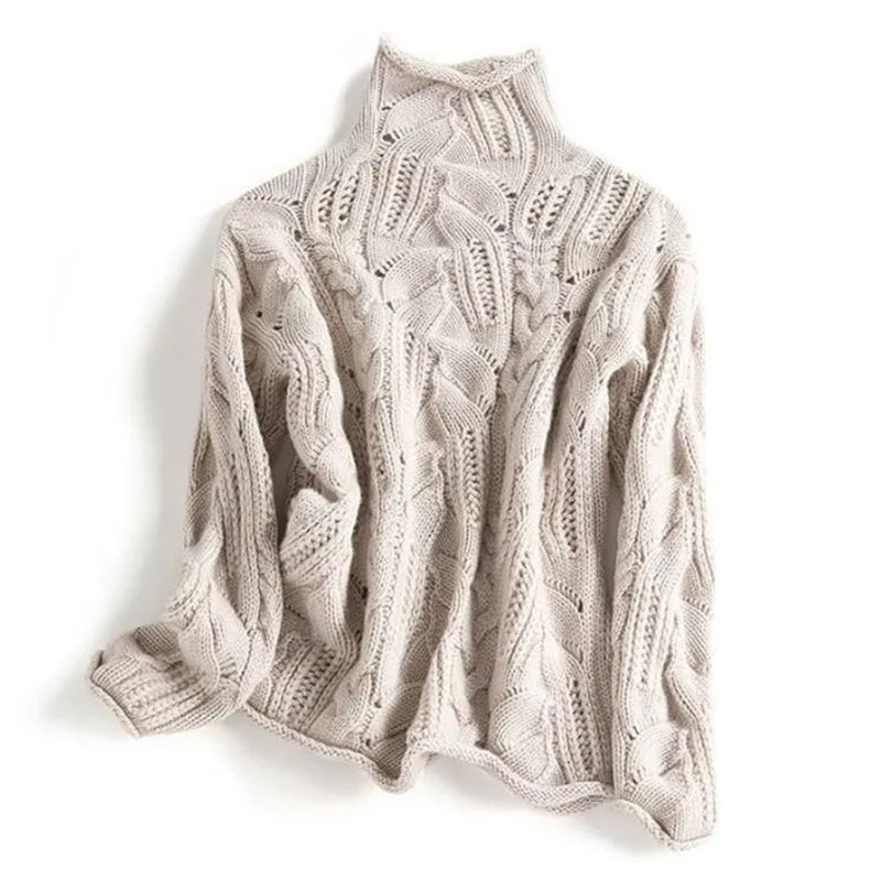 Women's Cable Knit Sweater with Funnel Neck and Ribbed Cuffs
