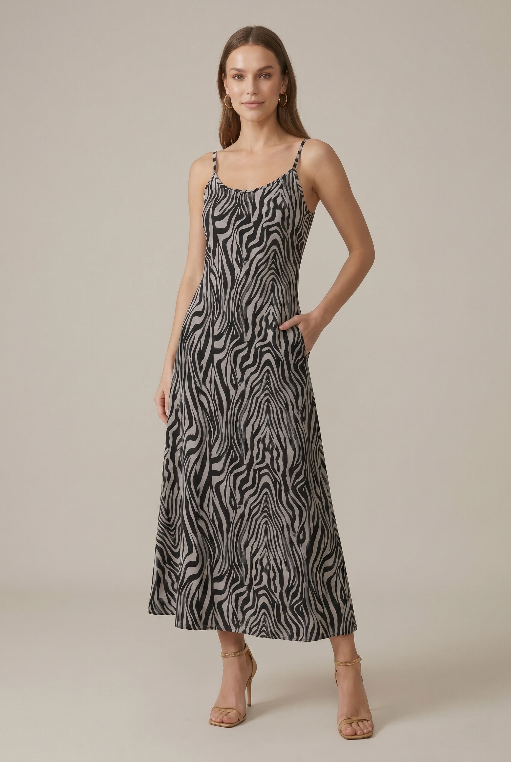 Women's Zebra Stripe Print Sleeveless Round Neck Maxi Dress