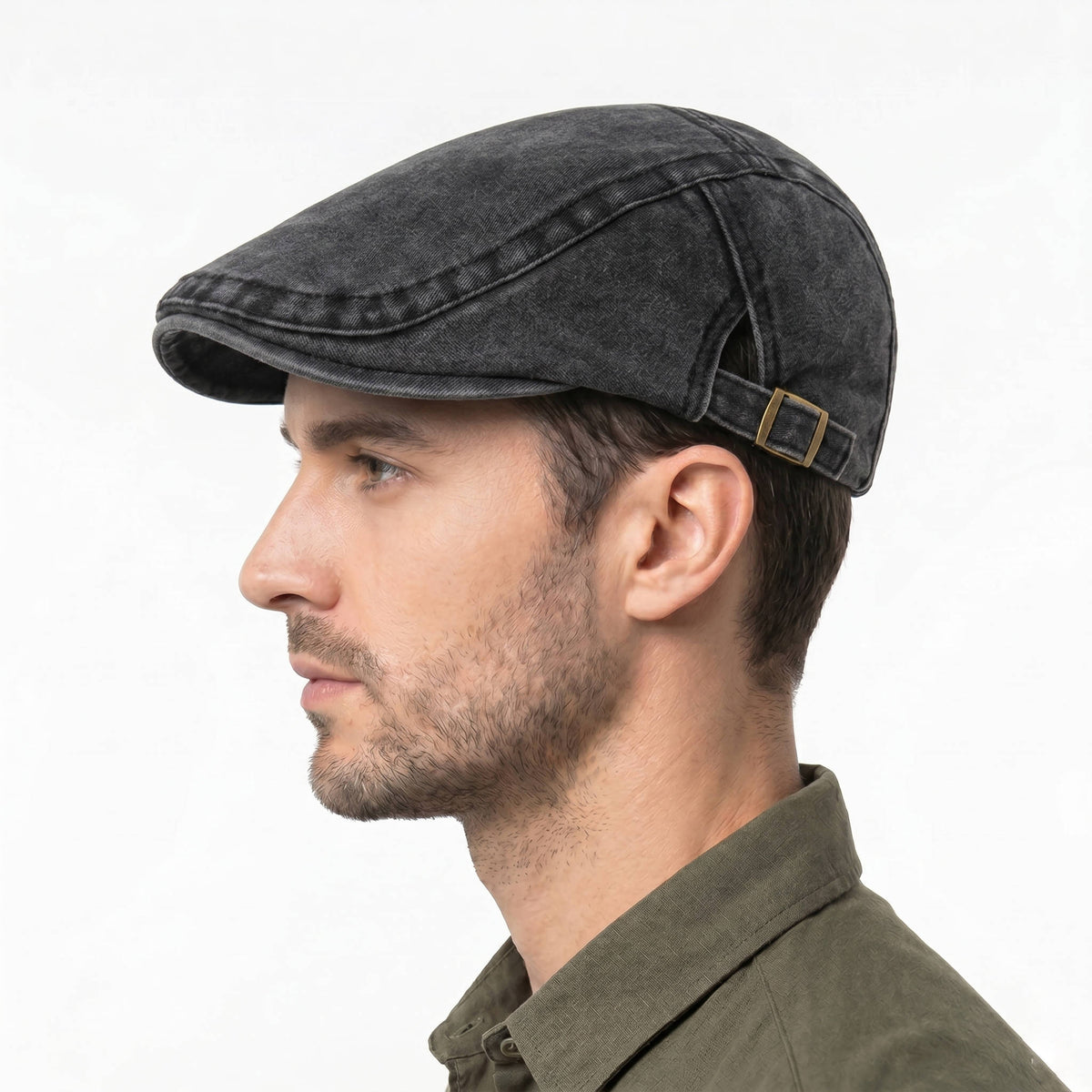 Newsboy Flat Cap with Adjustable Band and Distressed Cotton Denim, Eight Panel