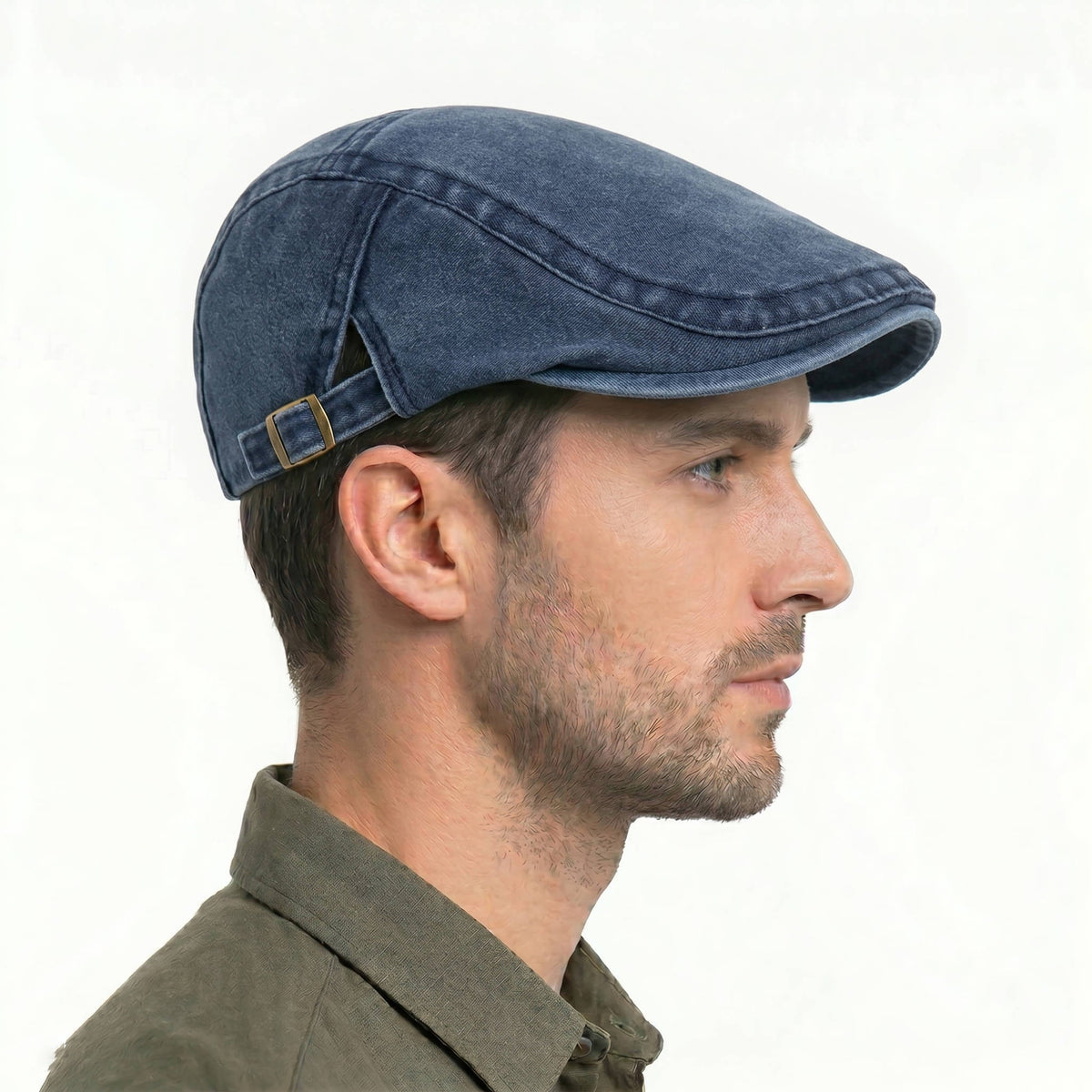 Newsboy Flat Cap with Adjustable Band and Distressed Cotton Denim, Eight Panel