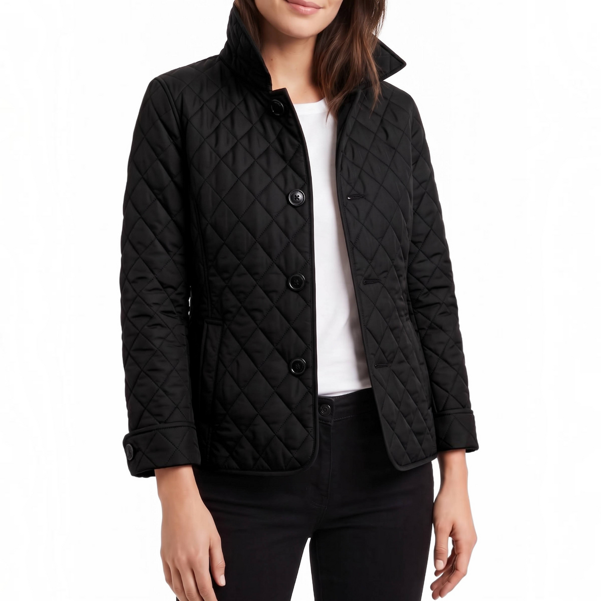 Quilted Jacket with Stand Collar and Check Lining for Women, Hip Length