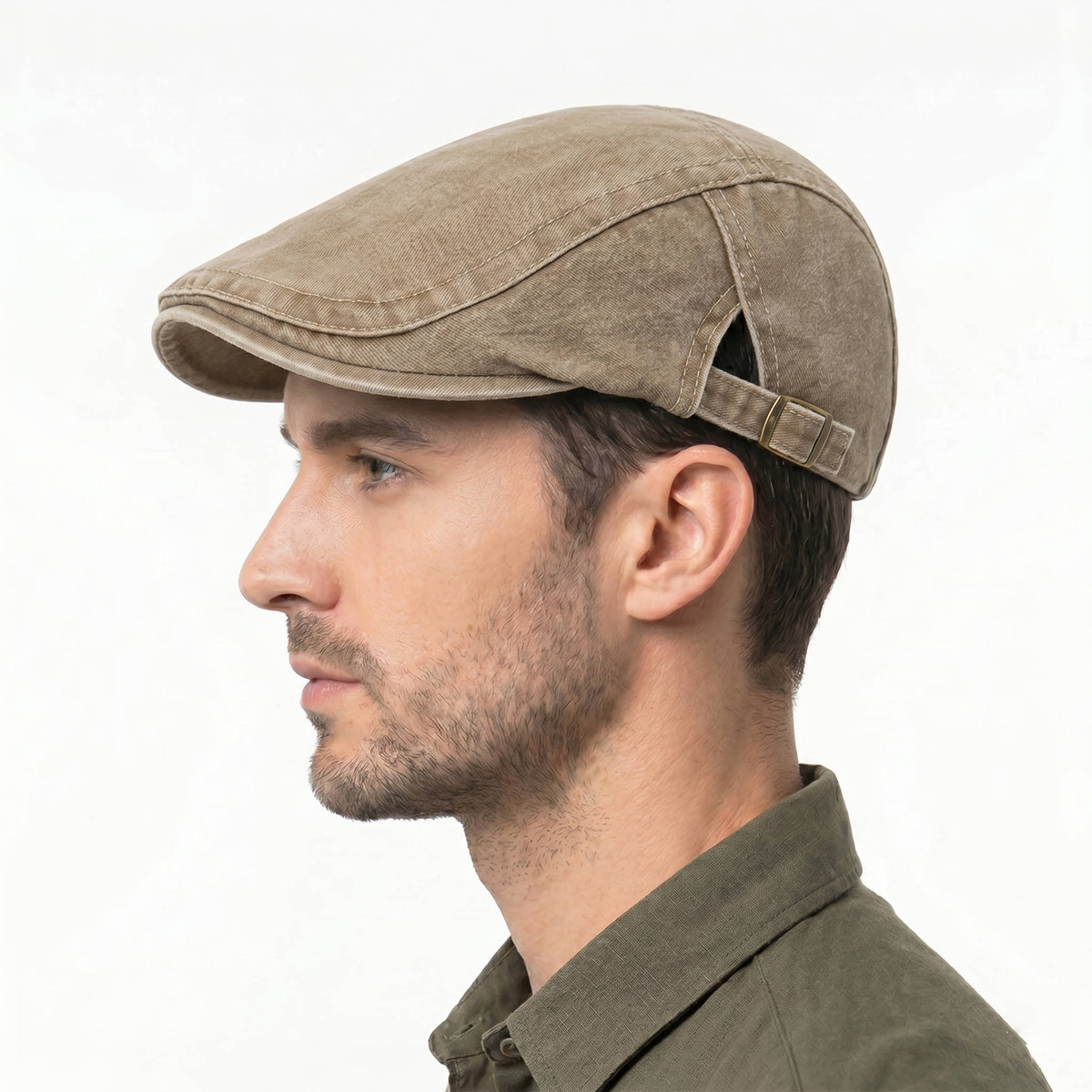 Newsboy Flat Cap with Adjustable Band and Distressed Cotton Denim, Eight Panel