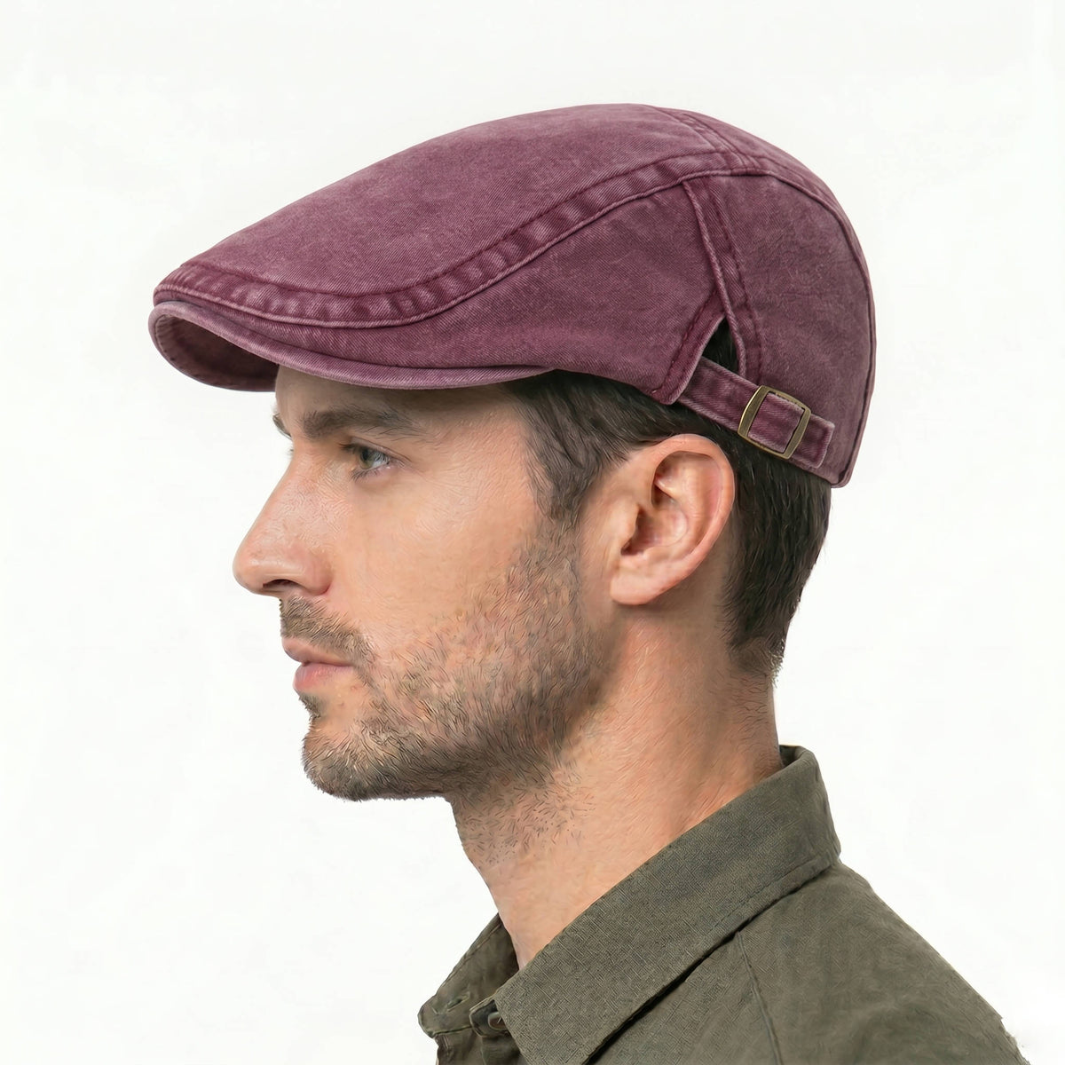 Newsboy Flat Cap with Adjustable Band and Distressed Cotton Denim, Eight Panel