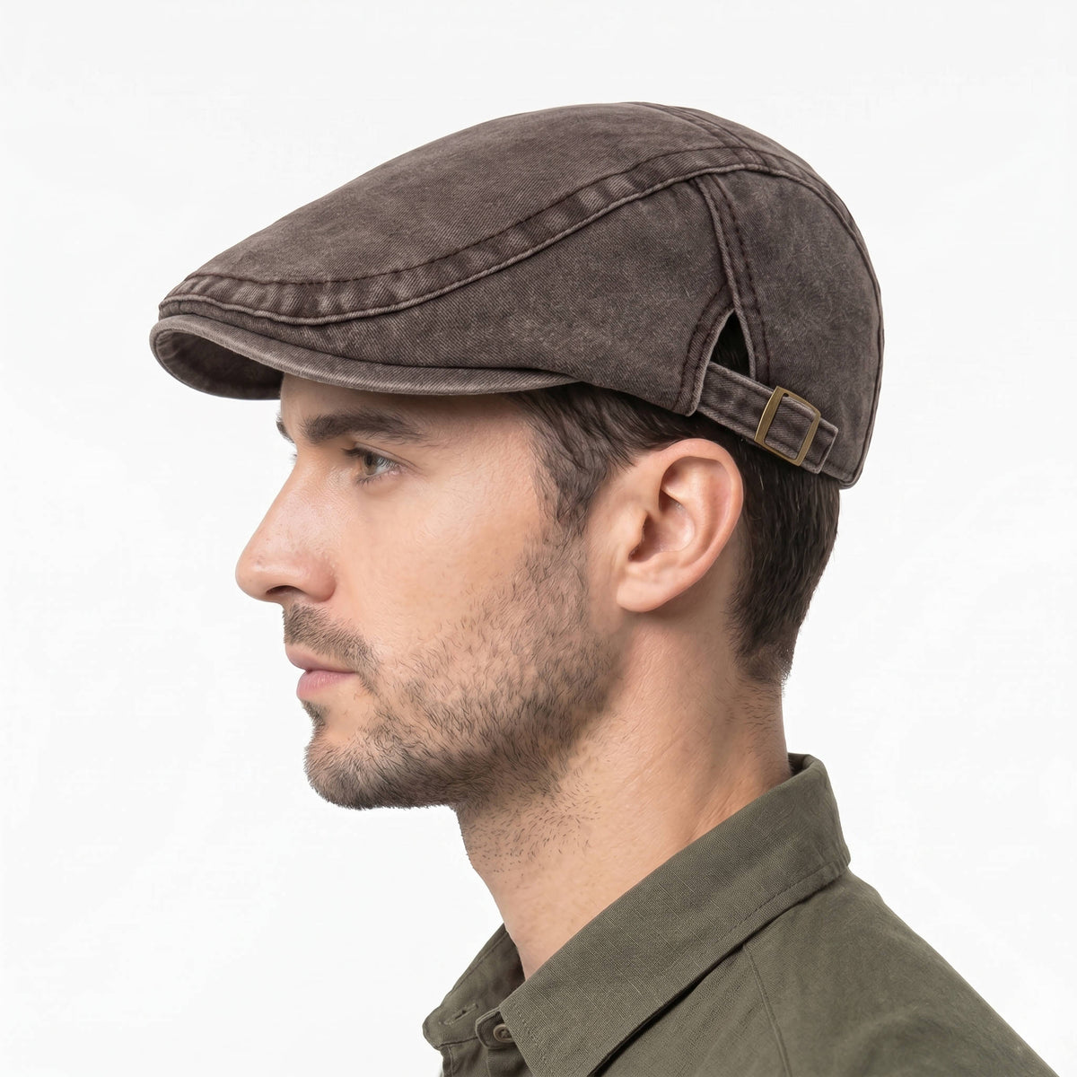 Newsboy Flat Cap with Adjustable Band and Distressed Cotton Denim, Eight Panel