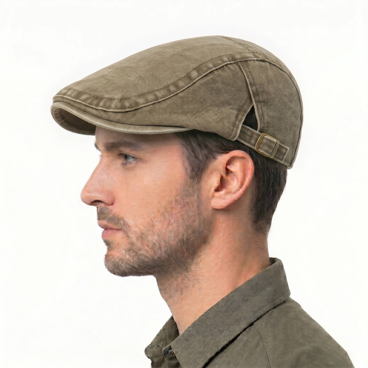 Newsboy Flat Cap with Adjustable Band and Distressed Cotton Denim, Eight Panel