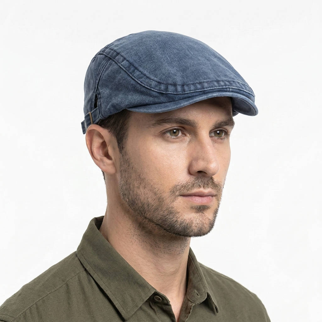 Newsboy Flat Cap with Adjustable Band and Distressed Cotton Denim, Eight Panel