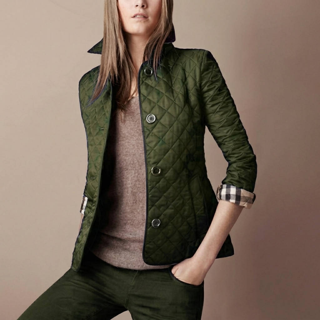 Quilted Jacket with Stand Collar and Check Lining for Women, Hip Length