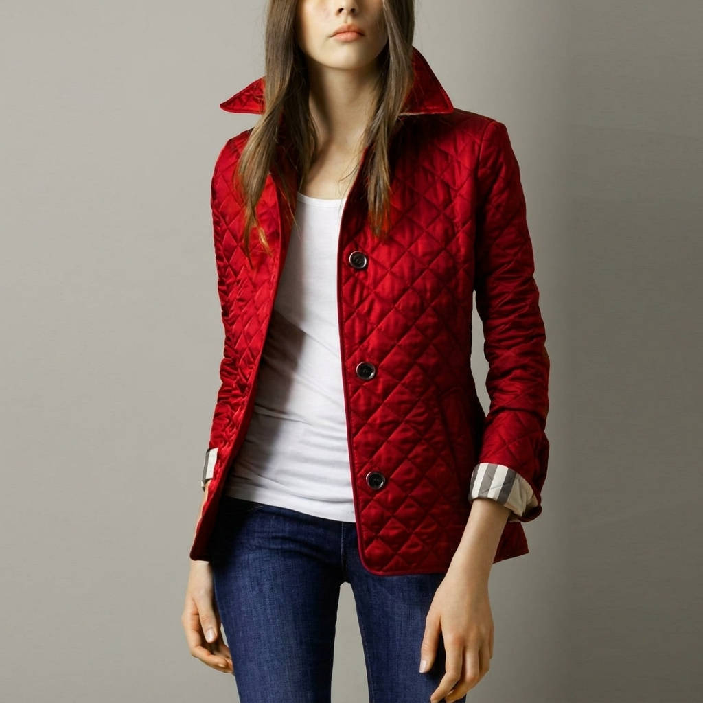 Quilted Jacket with Stand Collar and Check Lining for Women, Hip Length