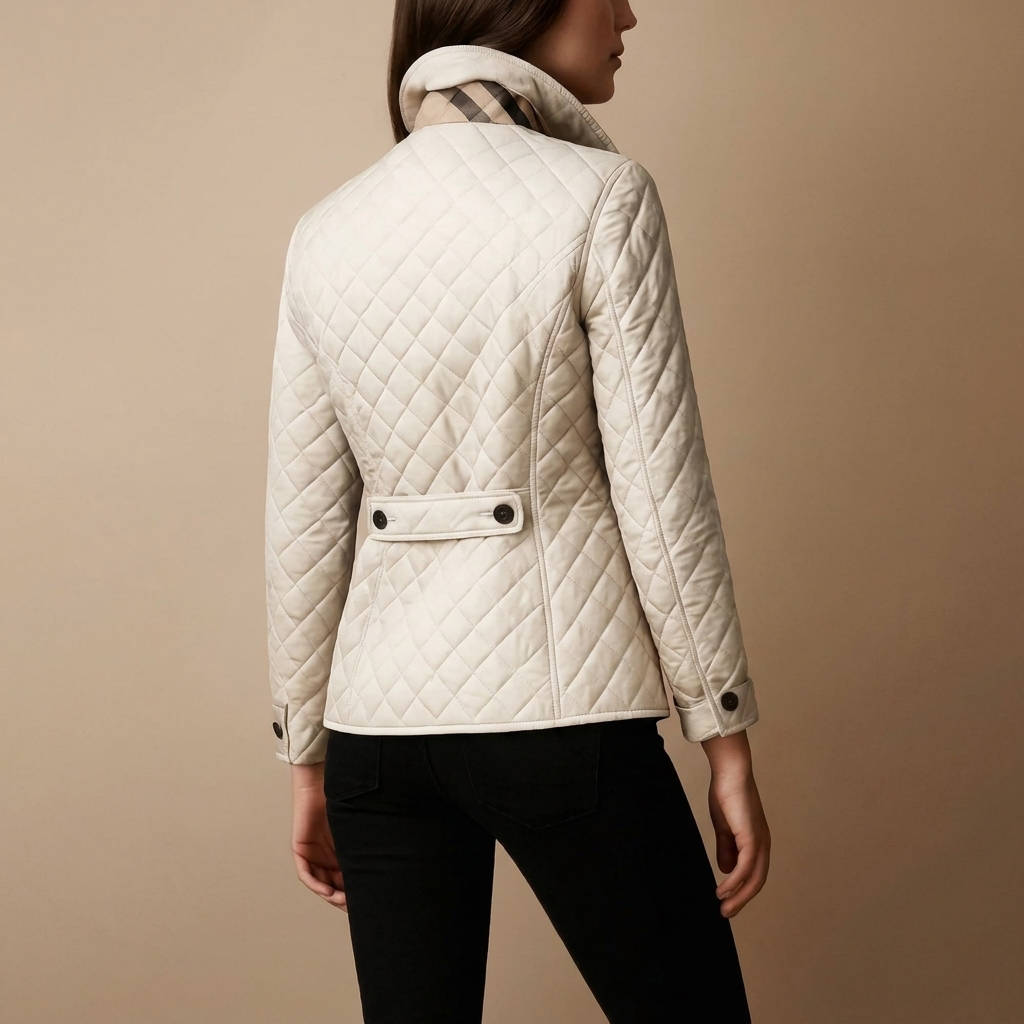 Quilted Jacket with Stand Collar and Check Lining for Women, Hip Length