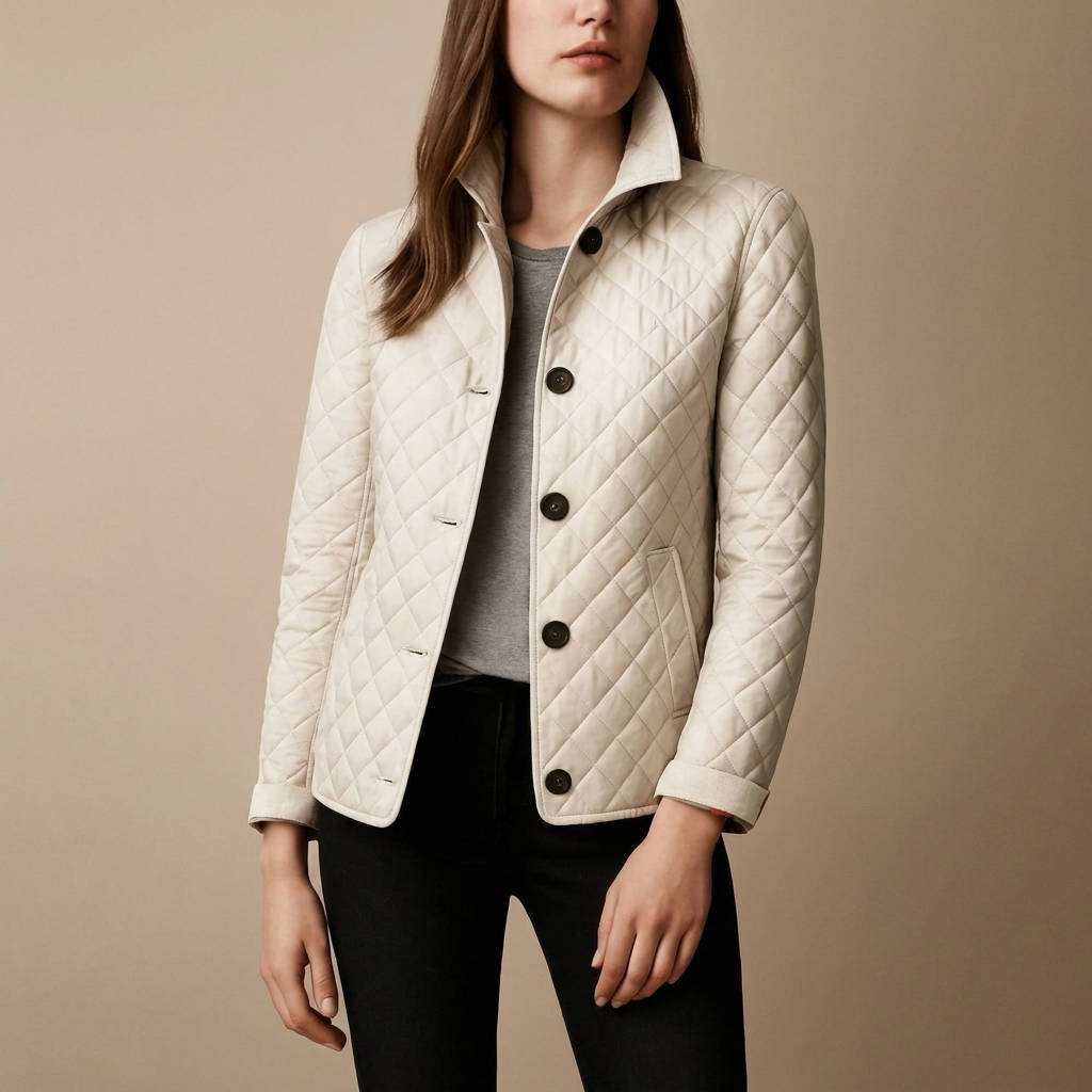 Quilted Jacket with Stand Collar and Check Lining for Women, Hip Length
