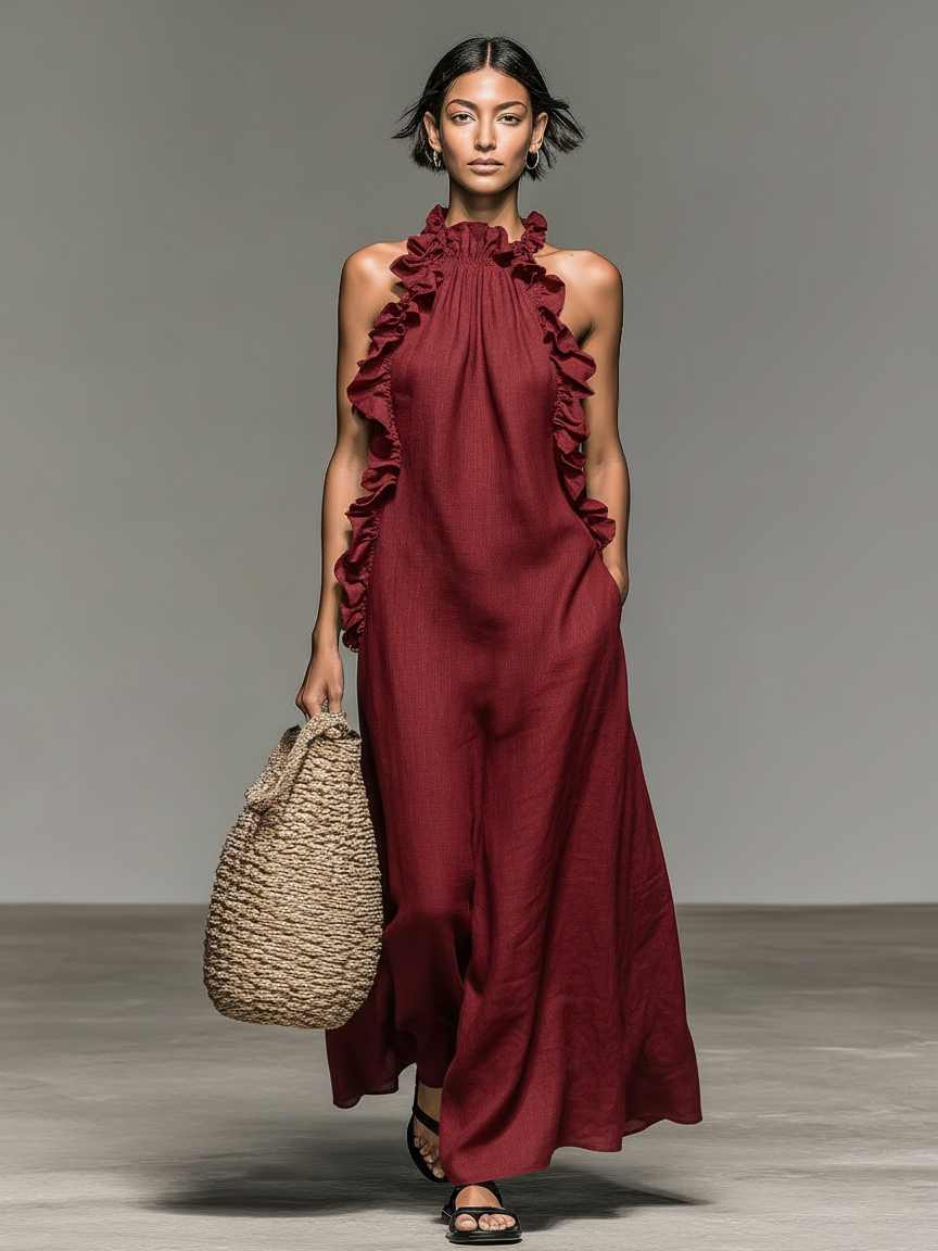Women's Linen Blend Halter Neck Maxi Dress