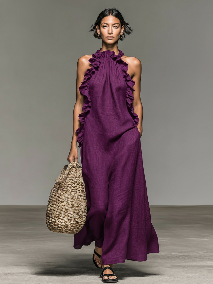 Women's Linen Blend Halter Neck Maxi Dress