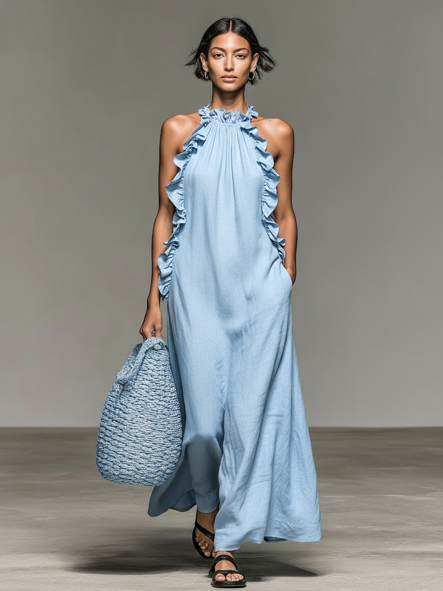 Women's Linen Blend Halter Neck Maxi Dress