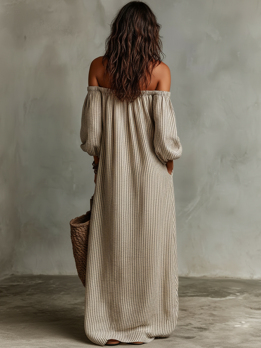 Women's Linen Striped Maxi Dress Off-Shoulder