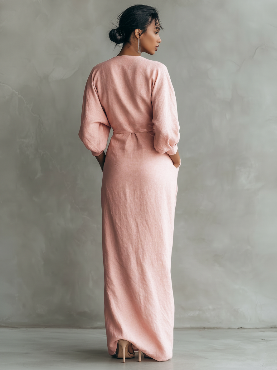 Women's Linen Blend Maxi Dress V-Neck