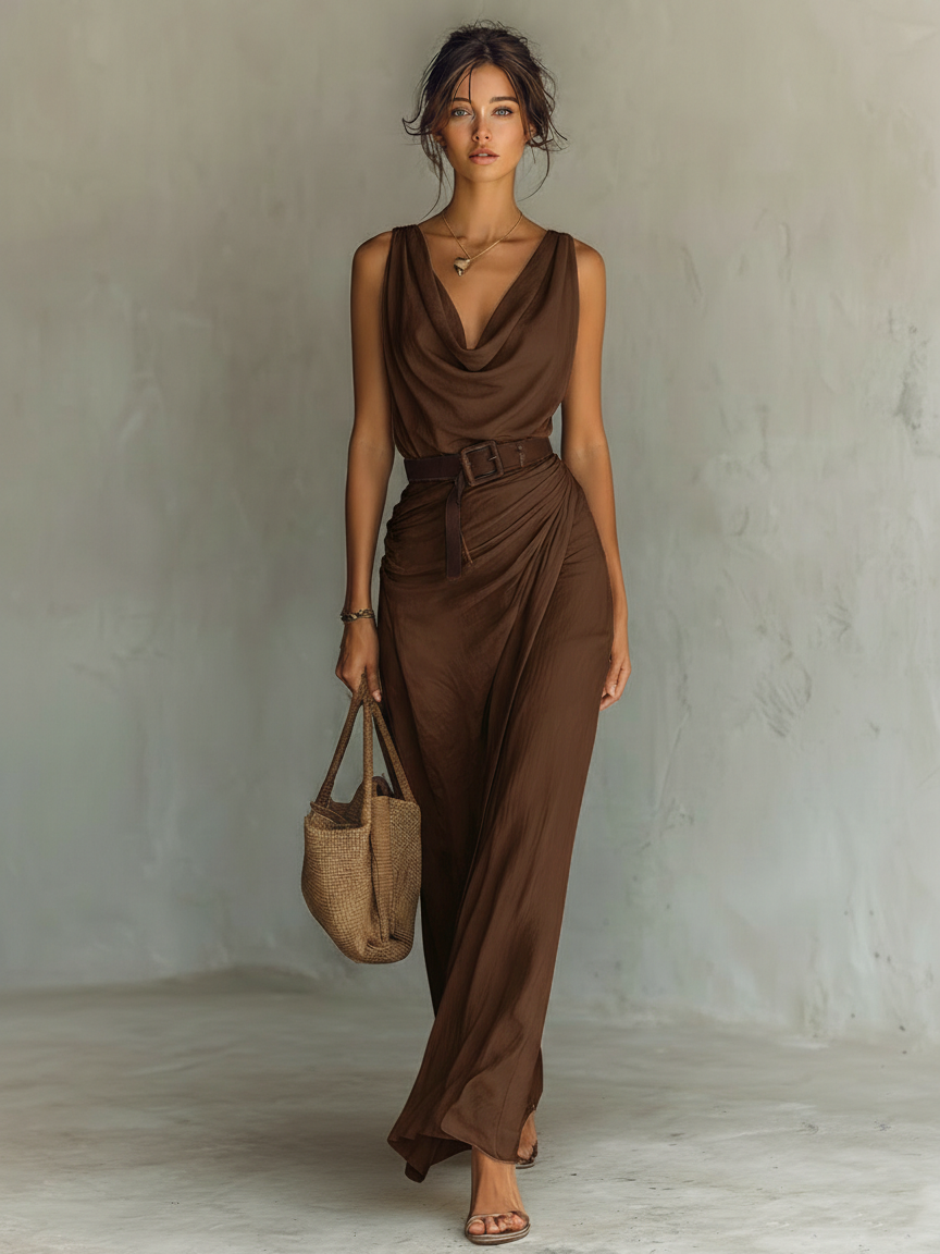Women's Maxi Dress Cowl Neck Sleeveless Belted