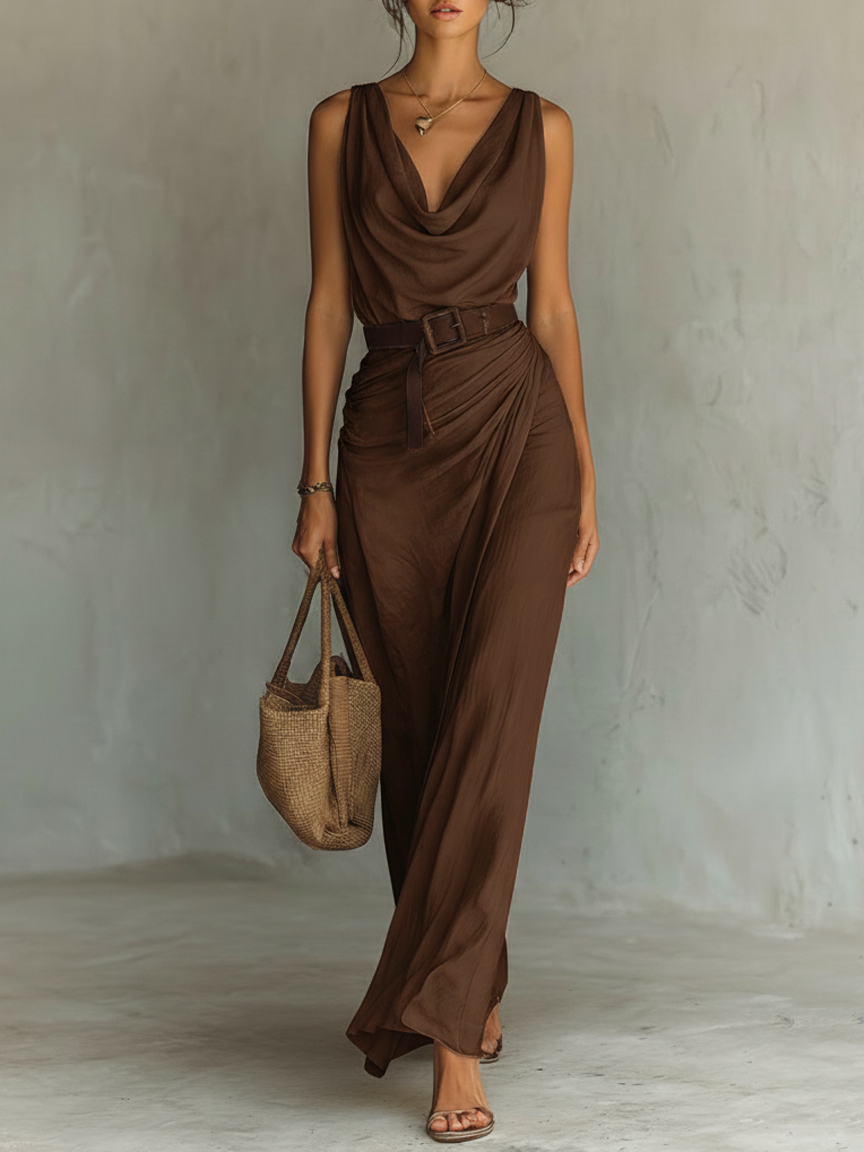 Women's Maxi Dress Cowl Neck Sleeveless Belted