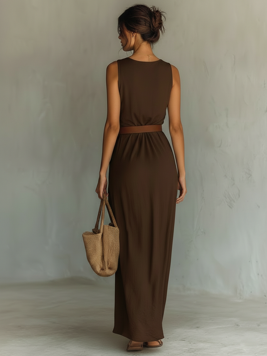 Women's Maxi Dress Cowl Neck Sleeveless Belted