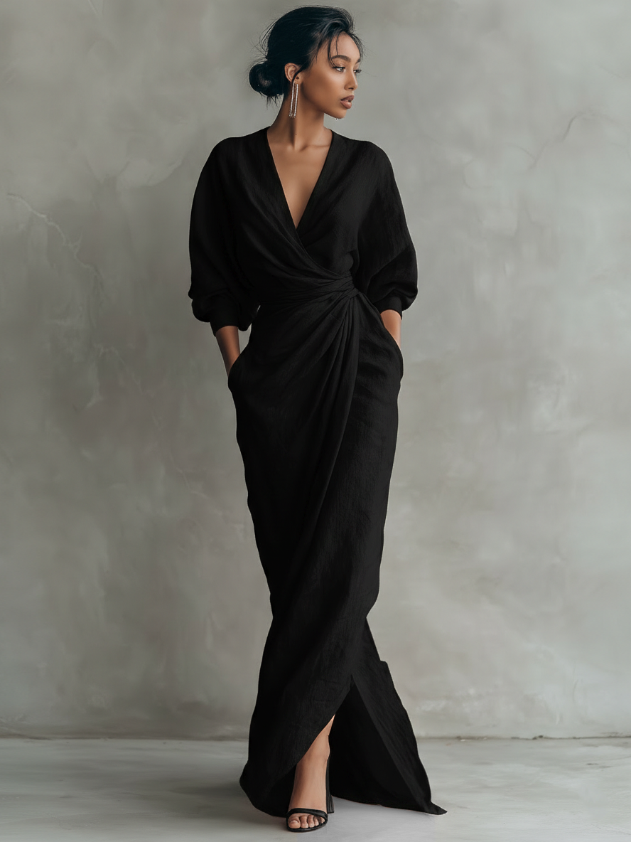 Women's Linen Blend Maxi Dress V-Neck