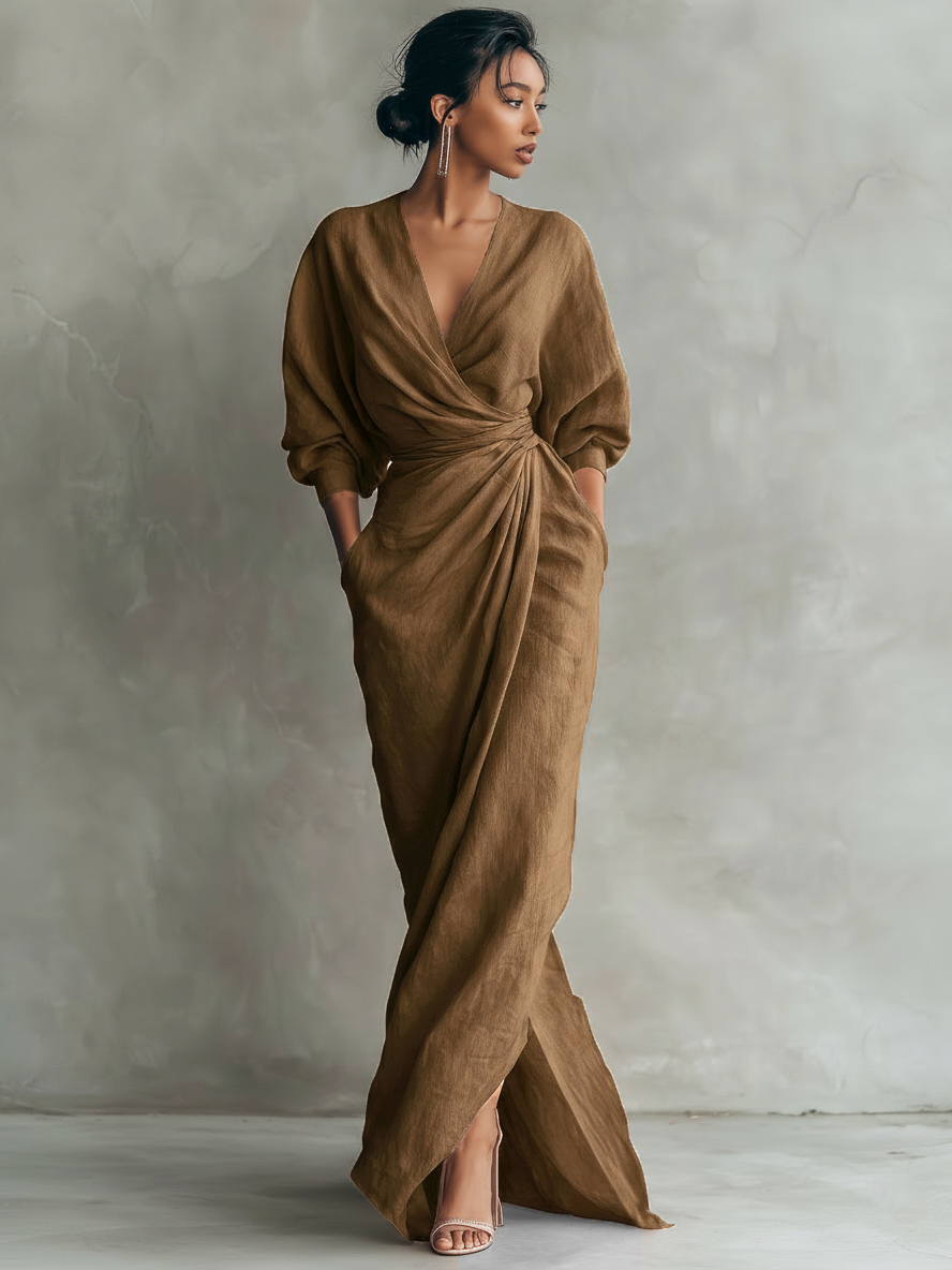 Women's Linen Blend Maxi Dress V-Neck