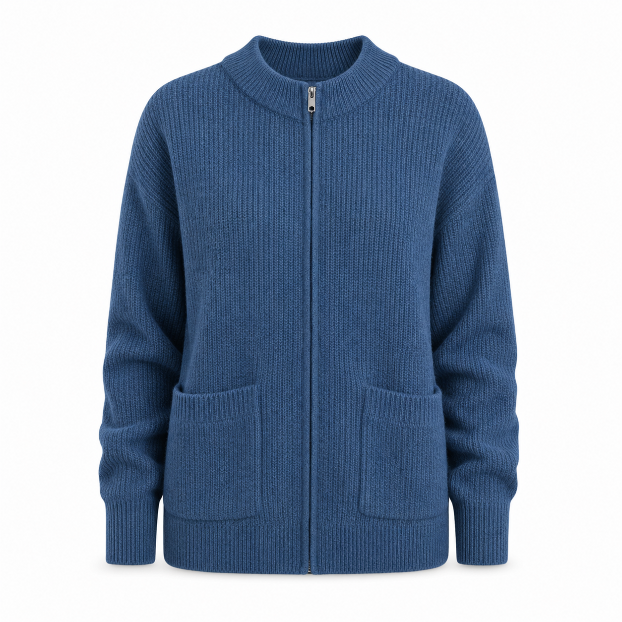 Women's Zip-Up Knit Jacket with Round Neck and Front Pockets