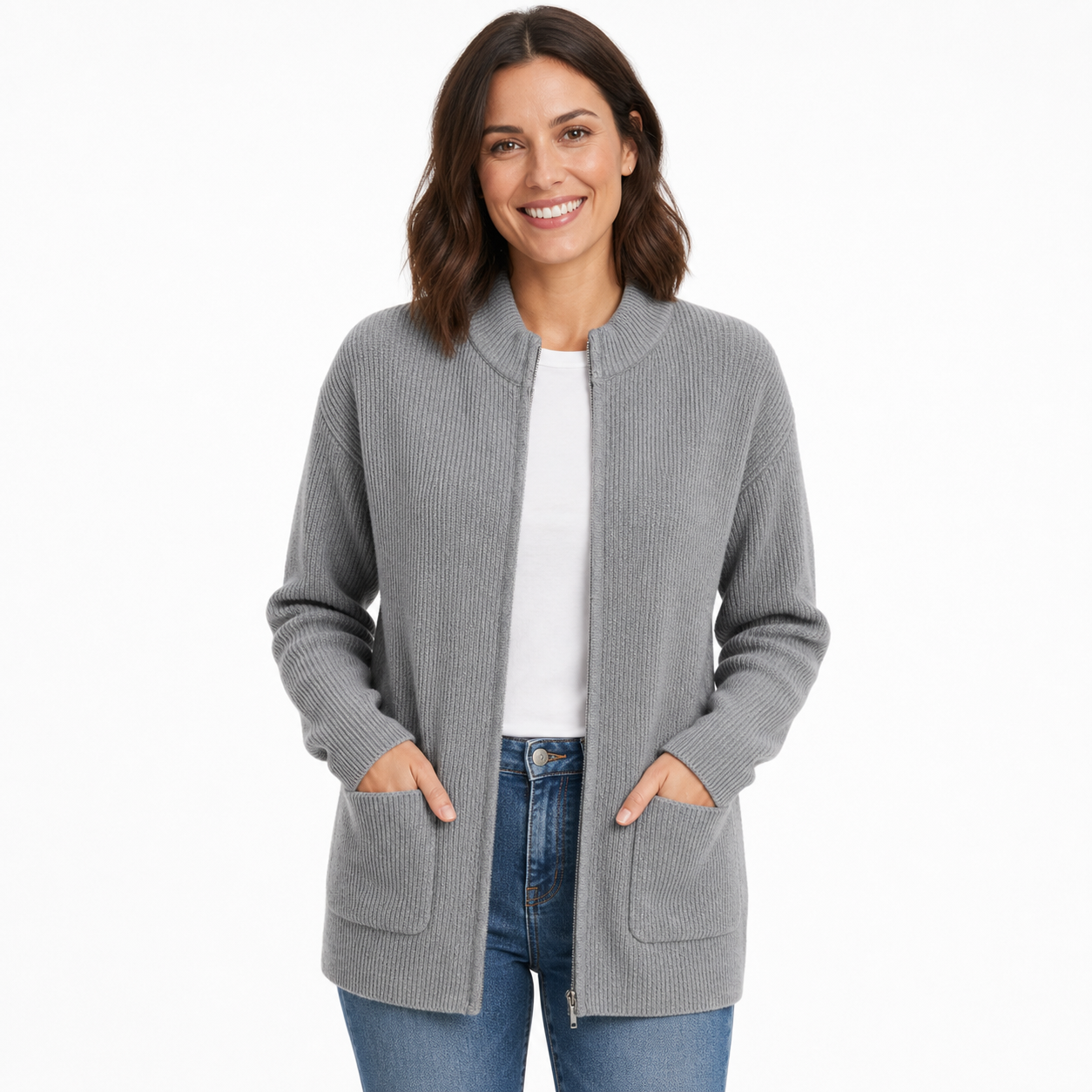 Women's Zip-Up Knit Jacket with Round Neck and Front Pockets