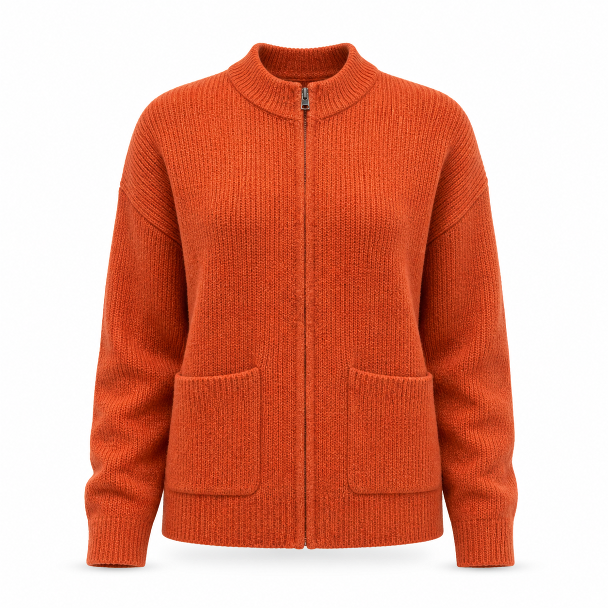 Women's Zip-Up Knit Jacket with Round Neck and Front Pockets