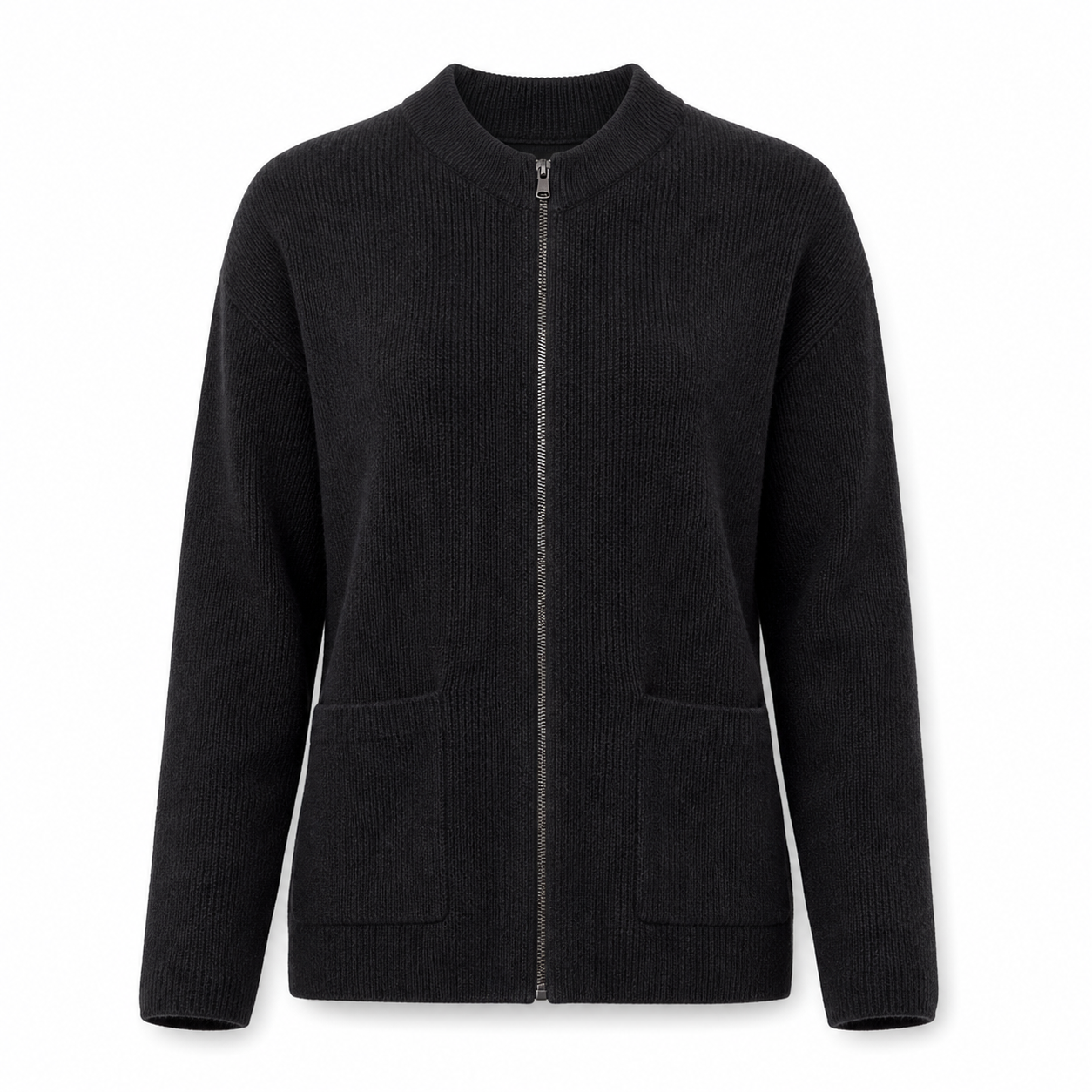 Women's Zip-Up Knit Jacket with Round Neck and Front Pockets
