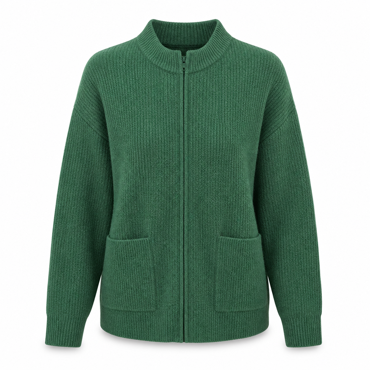 Women's Zip-Up Knit Jacket with Round Neck and Front Pockets
