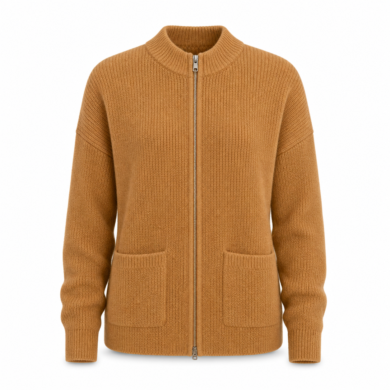 Women's Zip-Up Knit Jacket with Round Neck and Front Pockets