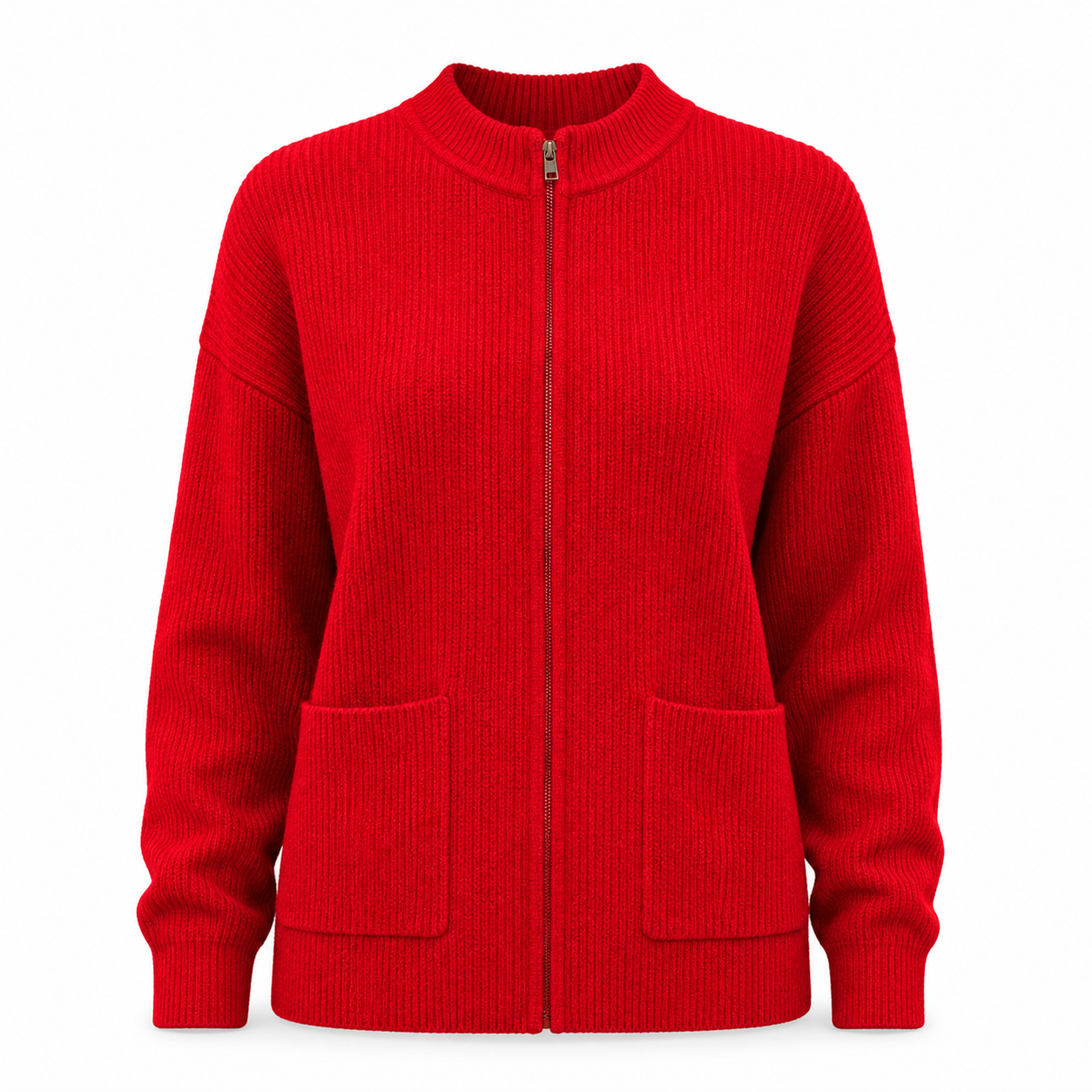 Women's Zip-Up Knit Jacket with Round Neck and Front Pockets