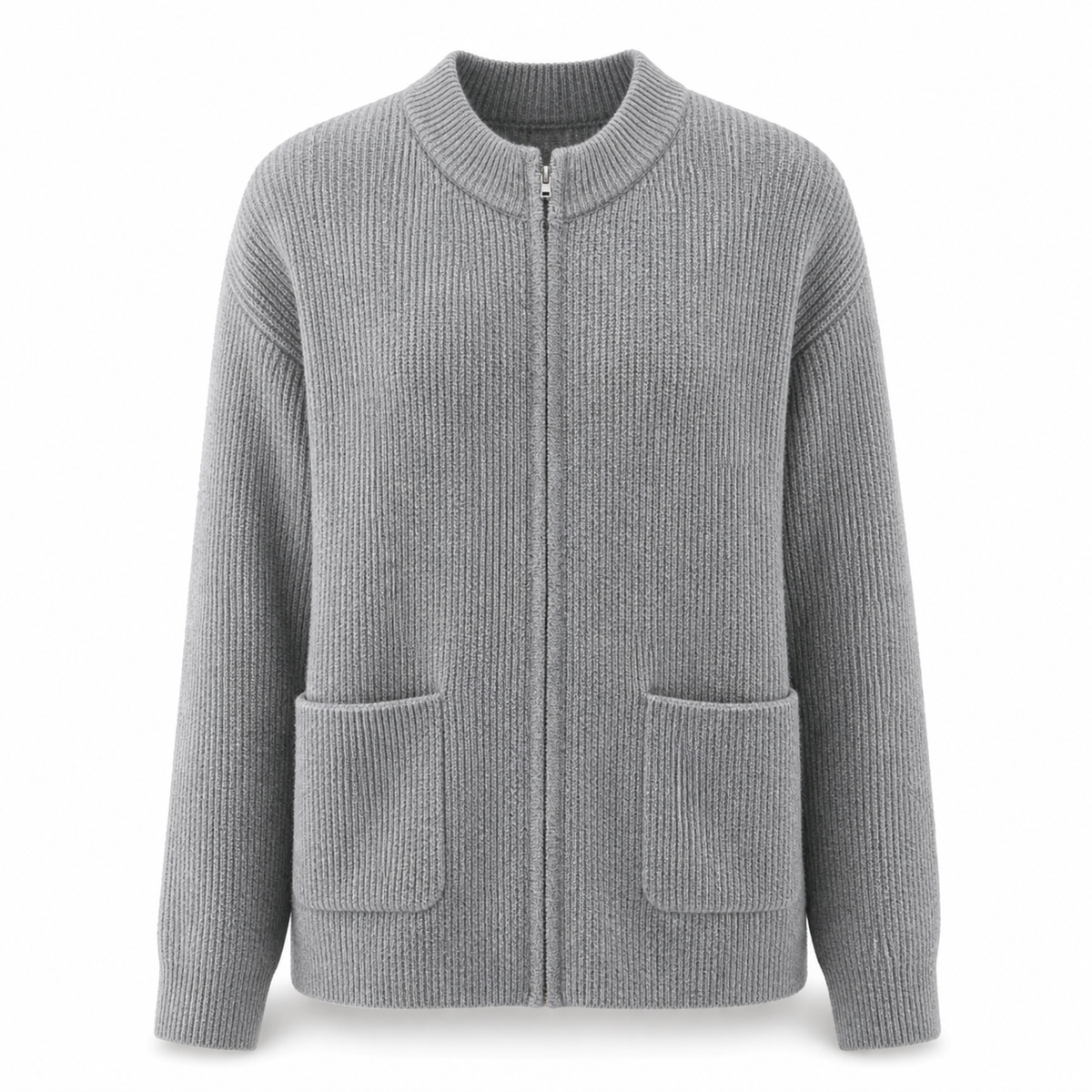 Women's Zip-Up Knit Jacket with Round Neck and Front Pockets