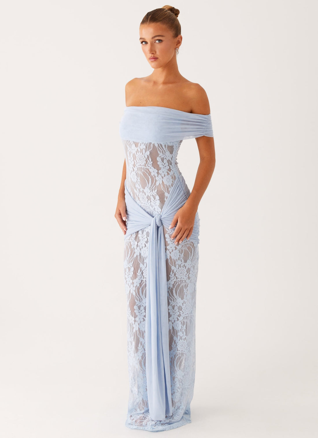 Women's Off Shoulder Lace Panel Maxi Dress - Tie Waist Long Sleeve